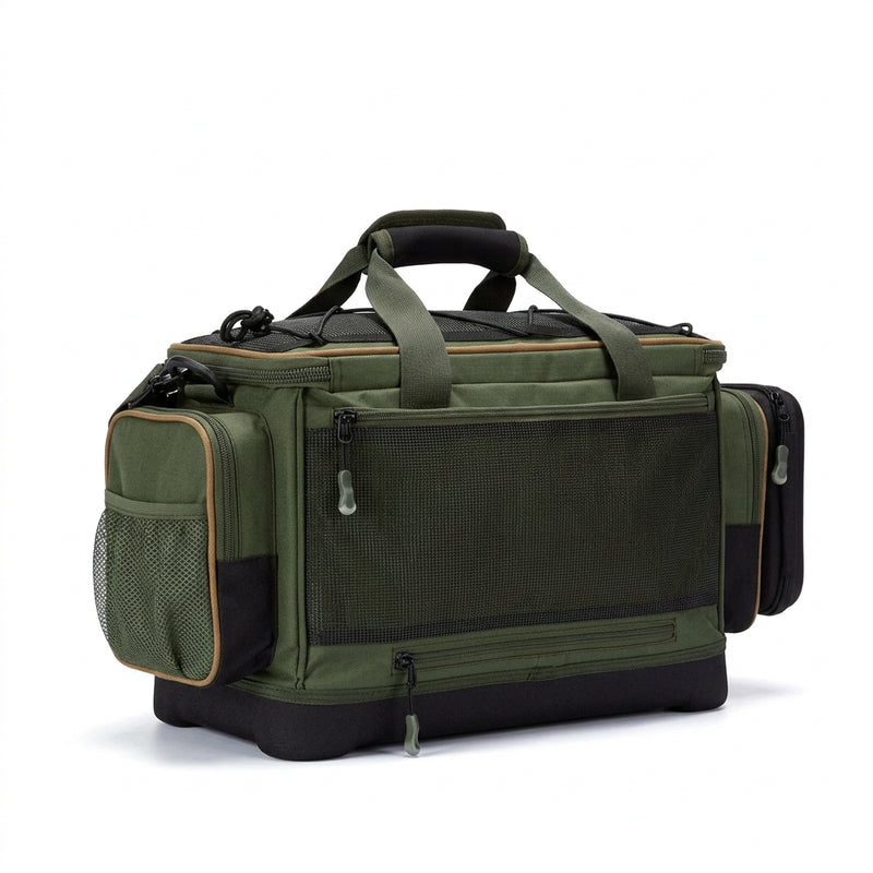 Water-Resistant Fishing Tackle Bag – Hard Base & Rain Cover