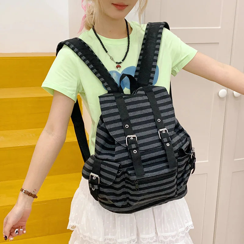 Retro Y2K Striped Backpack – School Bag