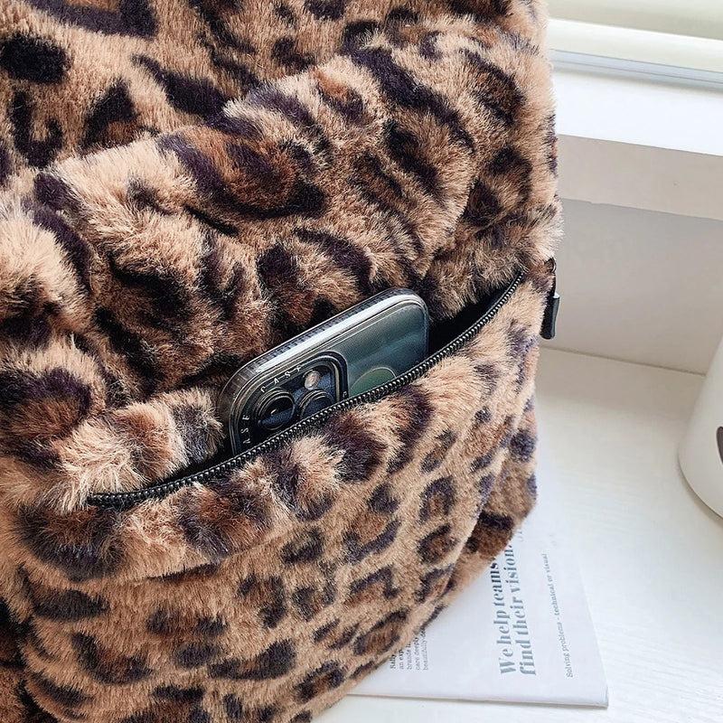 Luxury Leopard Plush Backpack – Large Capacity, Multi-Pocket & Chic