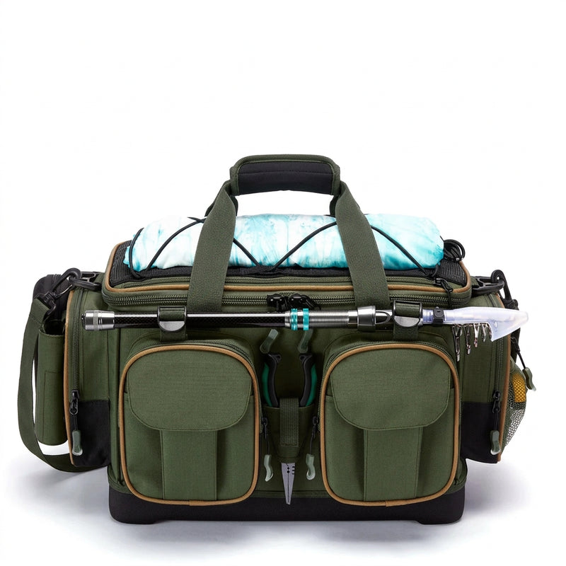 Water-Resistant Fishing Tackle Bag – Hard Base & Rain Cover