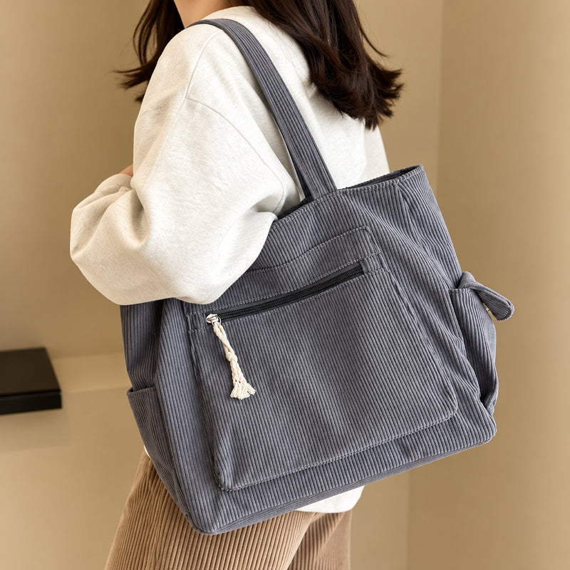Retro Corduroy Tote Bag – Multi-Pocket Shoulder Bag