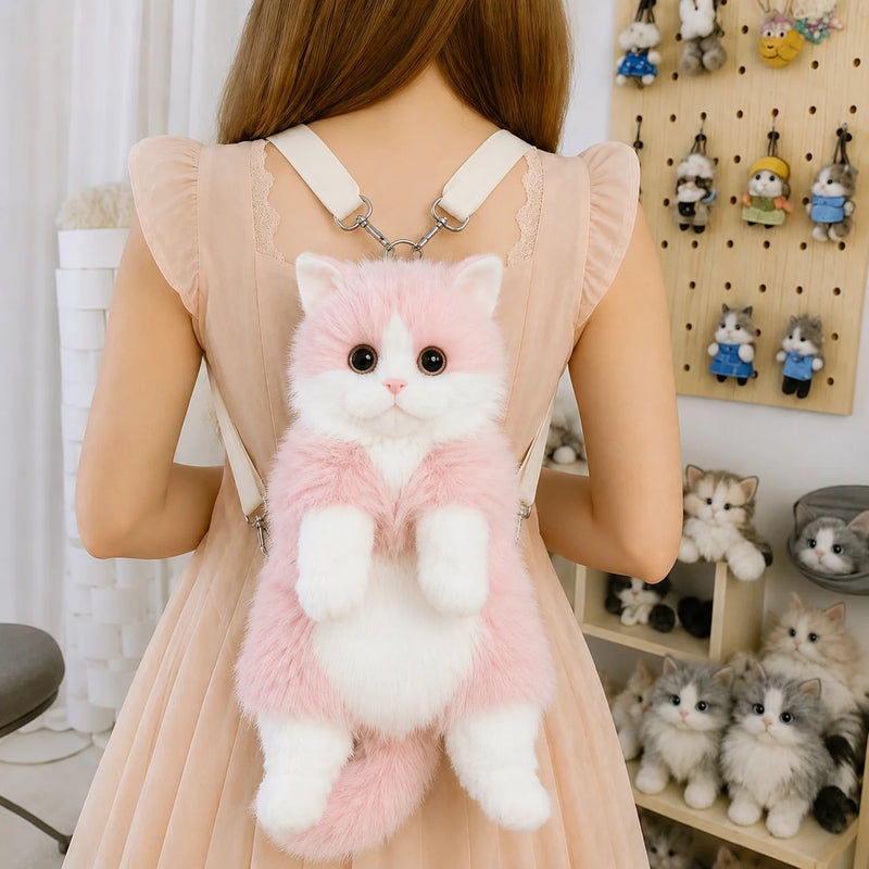 Kawaii Cat Plush Backpack – Cute 14” Kitty Bag for Girls