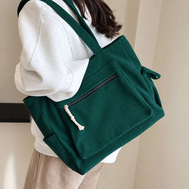 Retro Corduroy Tote Bag – Multi-Pocket Shoulder Bag
