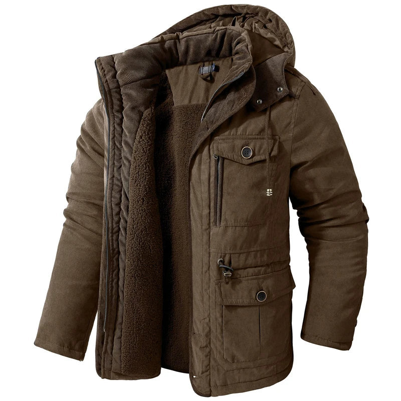 Men's Tactical Hooded Jacket with Fleece Lining and Pockets