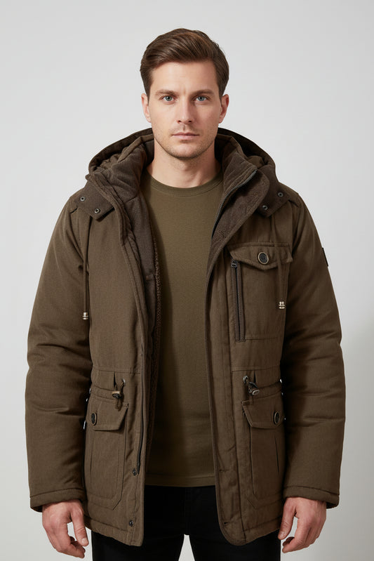 Men's Tactical Hooded Jacket with Fleece Lining and Pockets