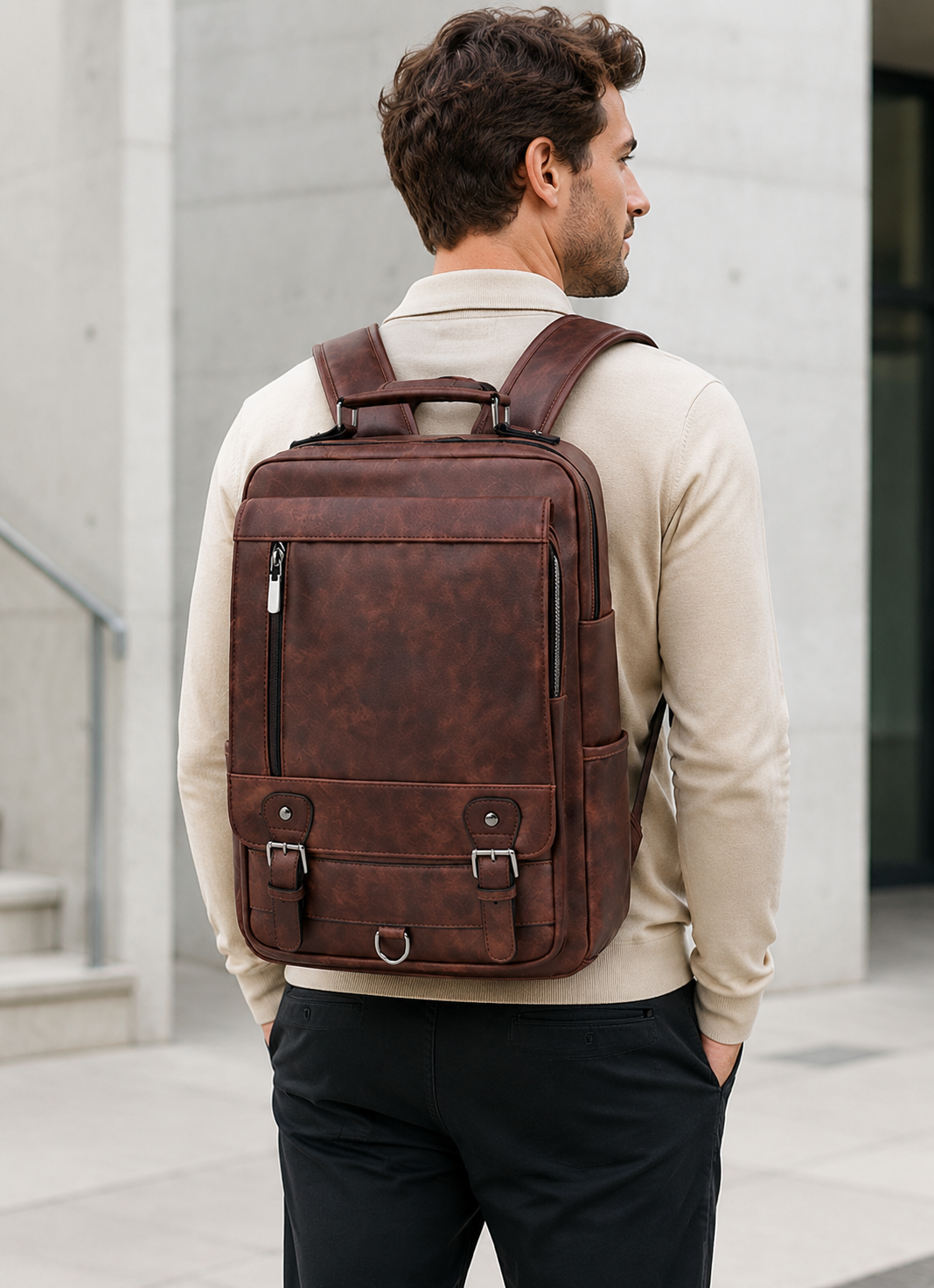 Luxury Brand Man Leather Casual Solid Daypacks Travel Large Capacity Backpack Students 14 inches Laptop School Bag Men