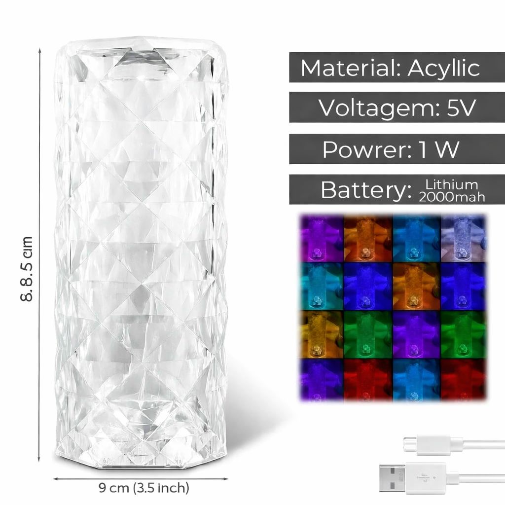 Crystal Touch LED Table Lamp – 16 Colours Wireless Rechargeable