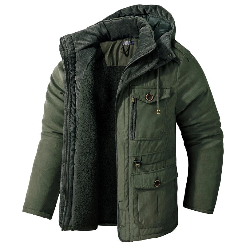 Men's Tactical Hooded Jacket with Fleece Lining and Pockets