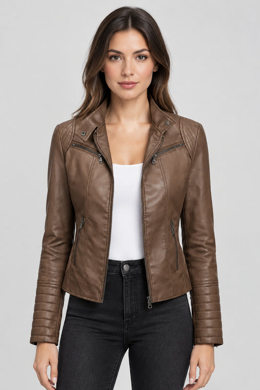 Women's Slim-Fit Black Luxe Moto-Style Jacket with High Collar