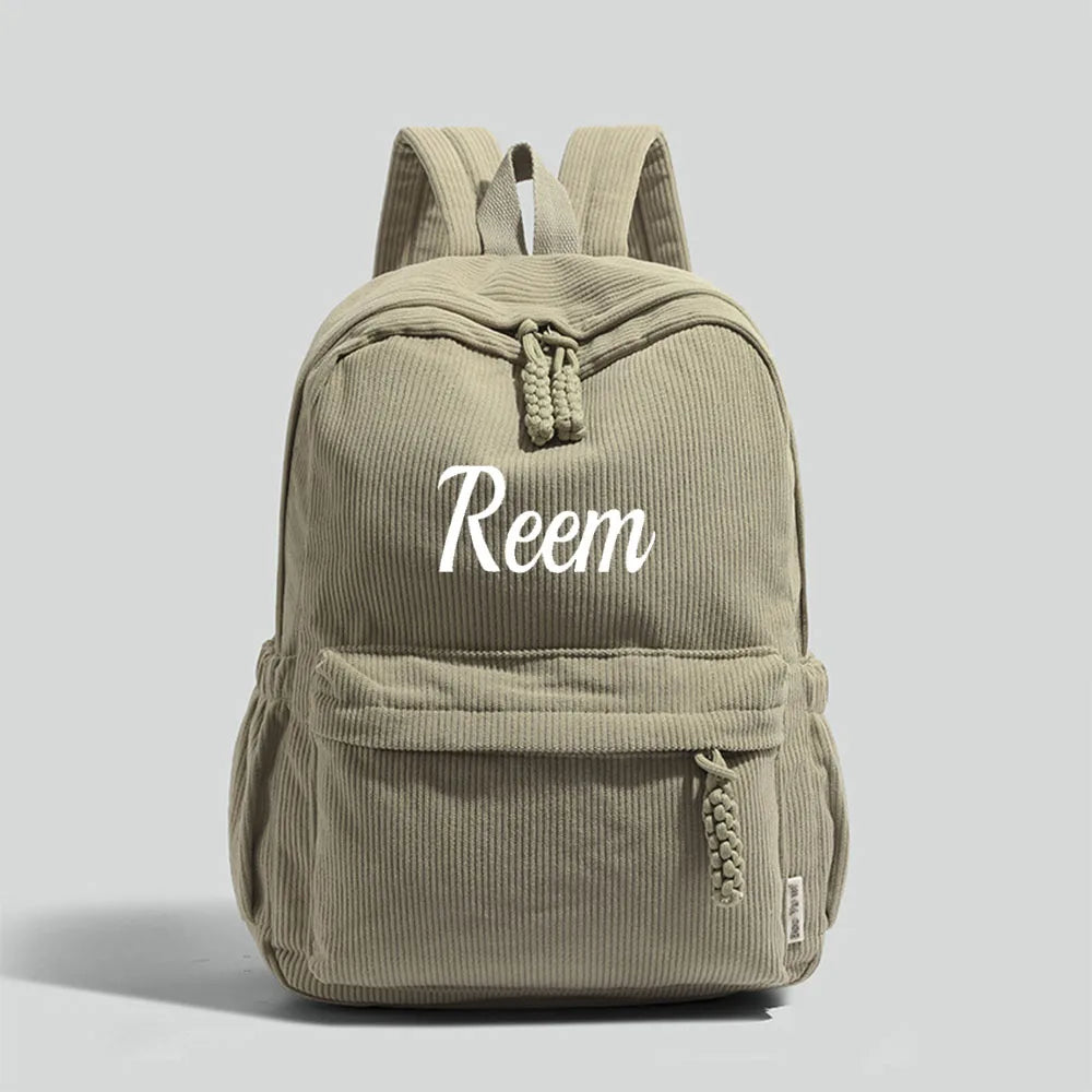 Personalized Corduroy Backpack – Custom Embroidered Name, Large Capacity