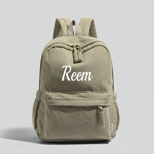 Personalized Corduroy Backpack – Custom Embroidered Name, Large Capacity