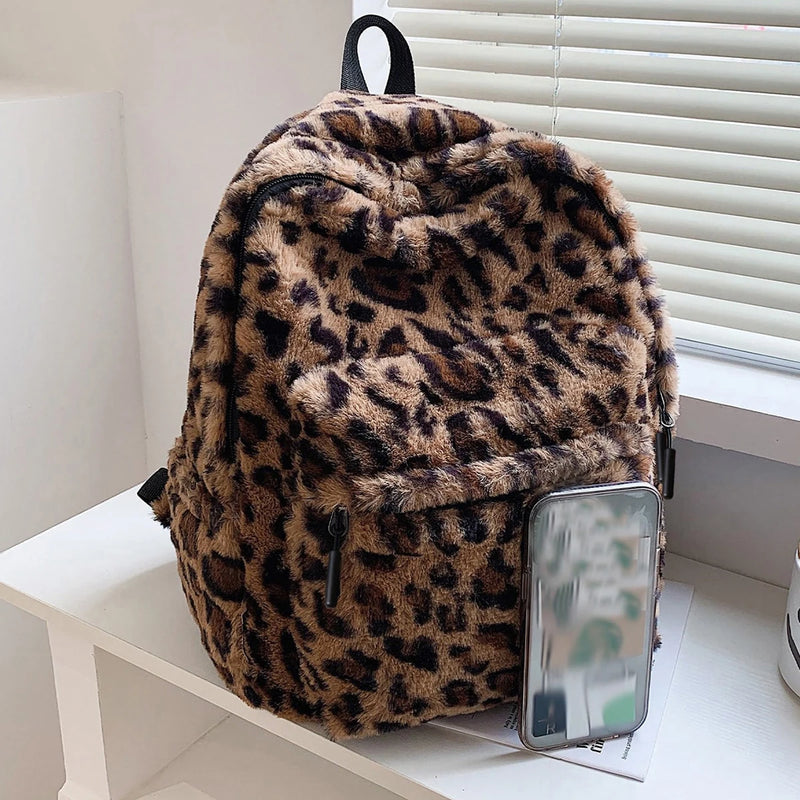 Luxury Leopard Plush Backpack – Large Capacity, Multi-Pocket & Chic