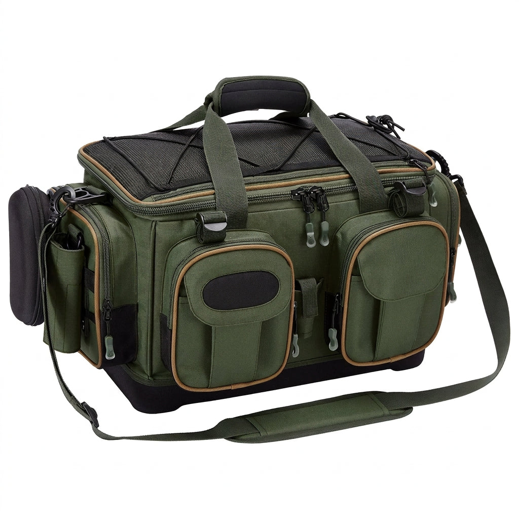 Water-Resistant Fishing Tackle Bag – Hard Base & Rain Cover