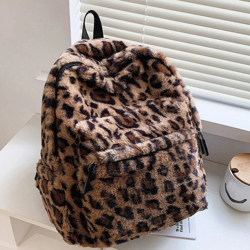 Luxury Leopard Plush Backpack – Large Capacity, Multi-Pocket & Chic