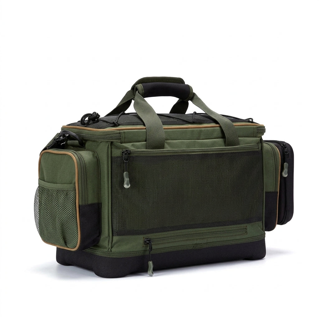 Water-Resistant Fishing Tackle Bag – Hard Base & Rain Cover