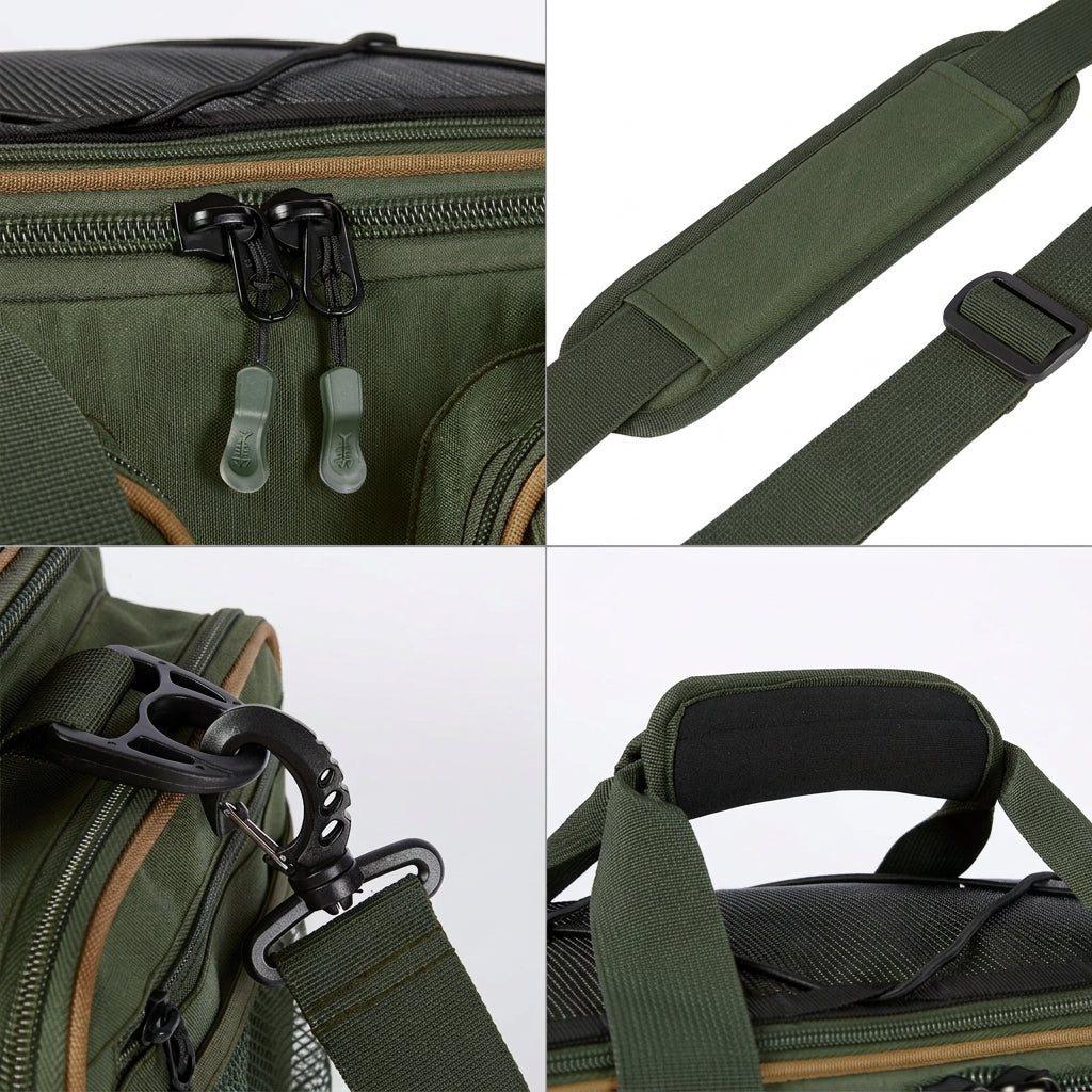 Water-Resistant Fishing Tackle Bag – Hard Base & Rain Cover