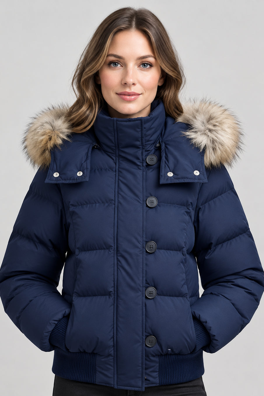 Women’s Cropped Puffer Jacket – Fur Hood, Warm & Stylish