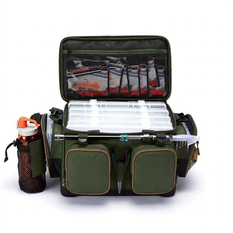 Water-Resistant Fishing Tackle Bag – Hard Base & Rain Cover