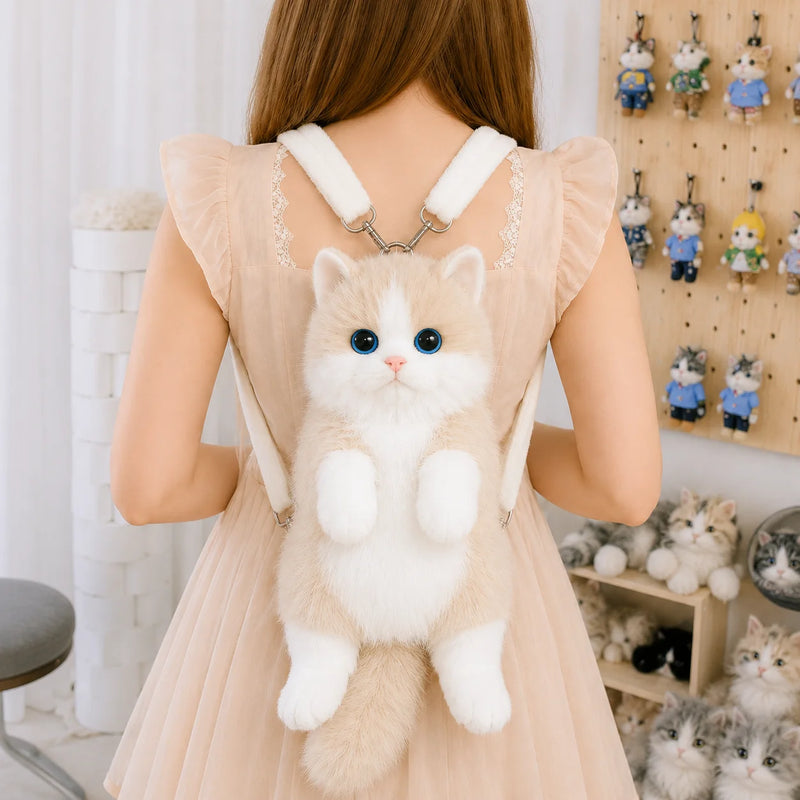 Kawaii Cat Plush Backpack – Cute 14” Kitty Bag for Girls