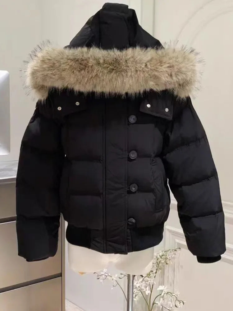 Women’s Cropped Puffer Jacket – Fur Hood, Warm & Stylish