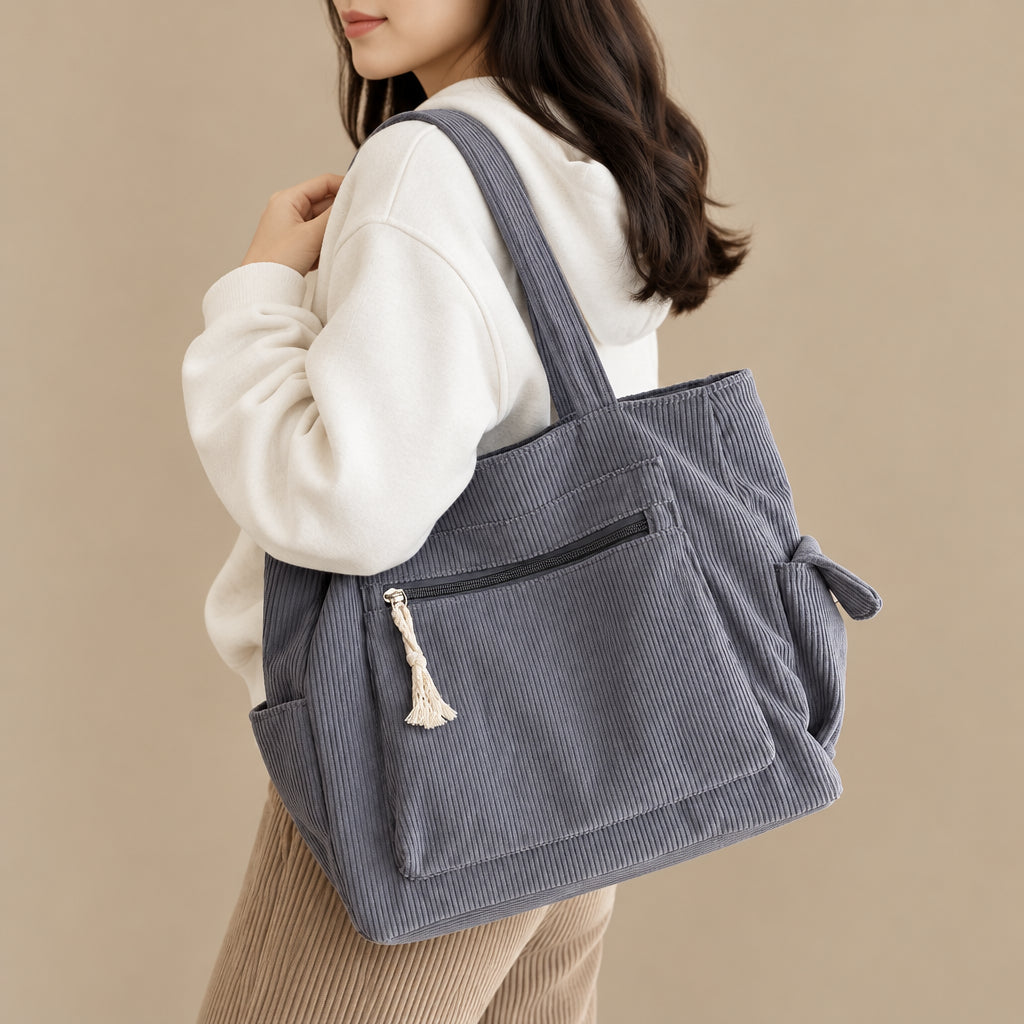Retro Corduroy Tote Bag – Multi-Pocket Shoulder Bag
