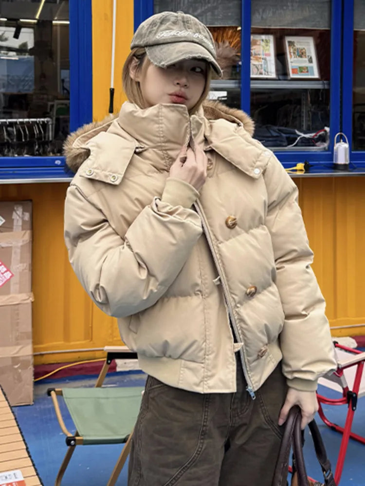 Women’s Cropped Puffer Jacket – Fur Hood, Warm & Stylish