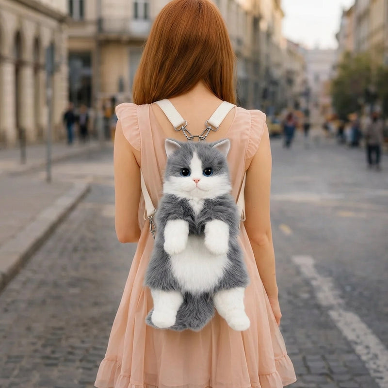 Kawaii Cat Plush Backpack – Cute 14” Kitty Bag for Girls