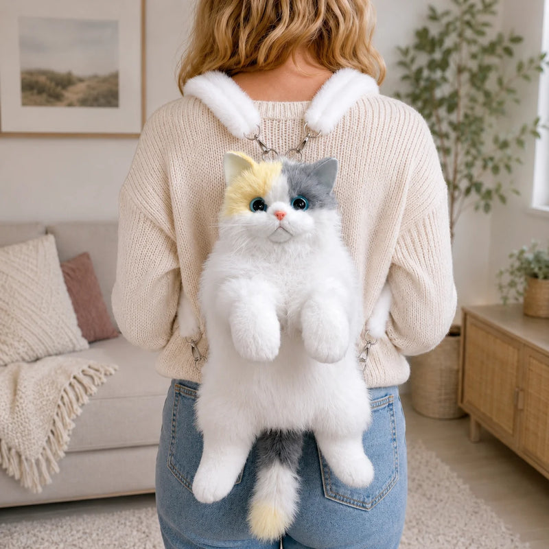 Kawaii Cat Plush Backpack – Cute 14” Kitty Bag for Girls