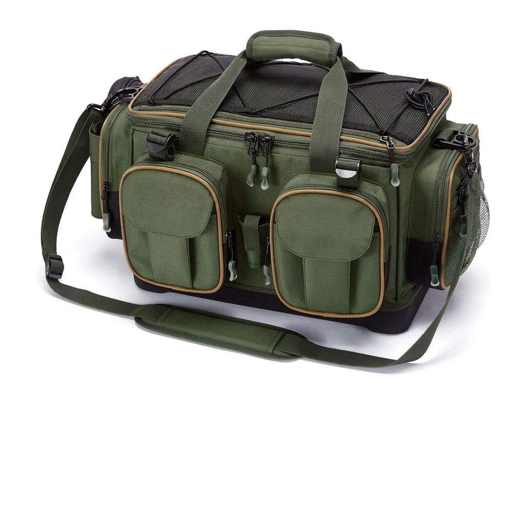 Water-Resistant Fishing Tackle Bag – Hard Base & Rain Cover