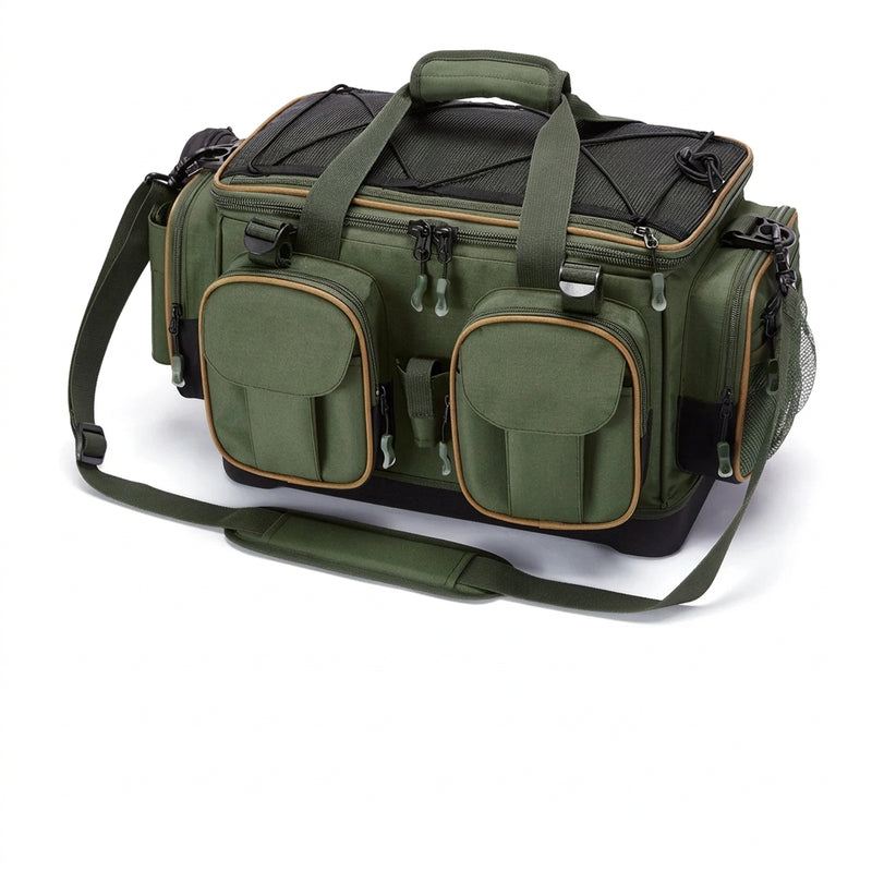 Water-Resistant Fishing Tackle Bag – Hard Base & Rain Cover