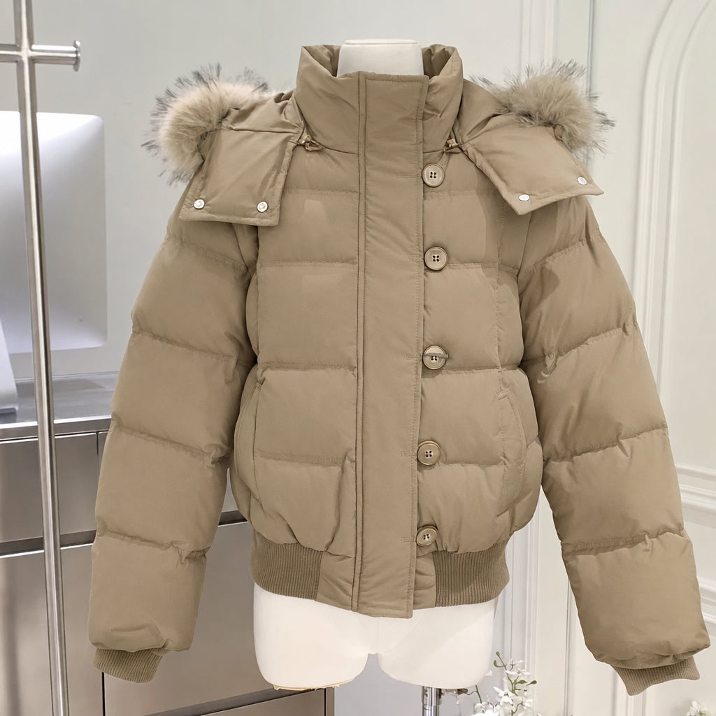 Women’s Cropped Puffer Jacket – Fur Hood, Warm & Stylish