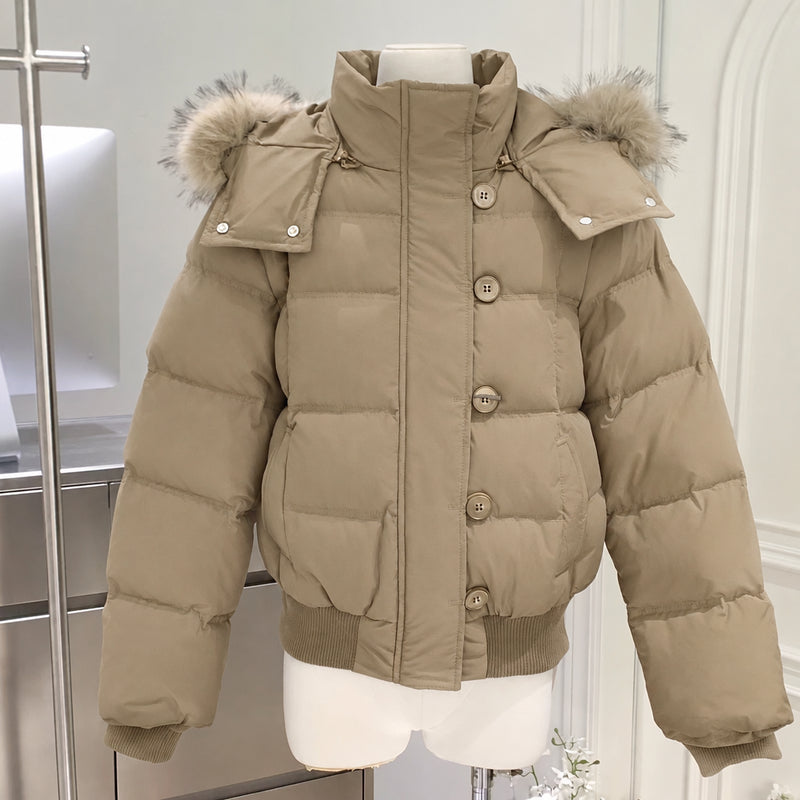 Women’s Cropped Puffer Jacket – Fur Hood, Warm & Stylish