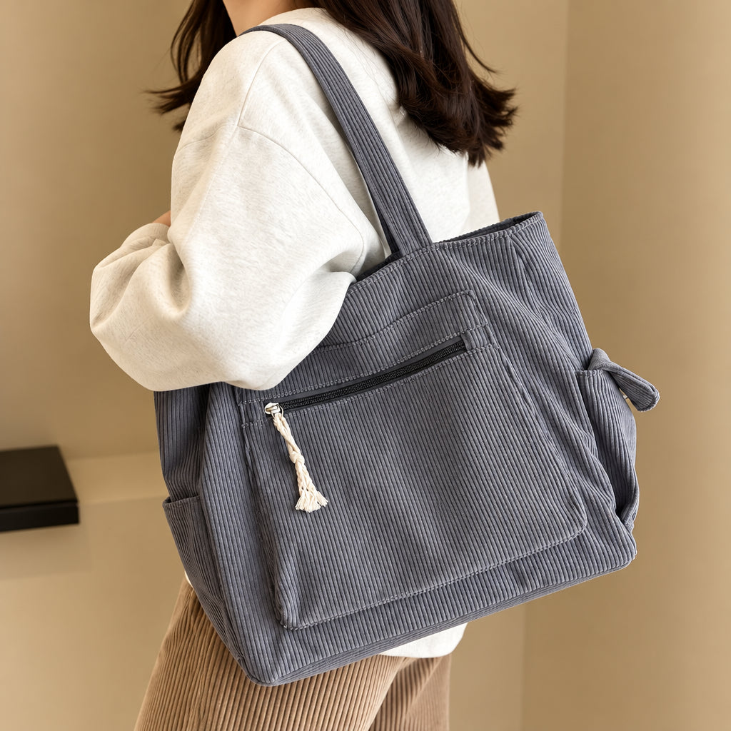 Retro Corduroy Tote Bag – Multi-Pocket Shoulder Bag