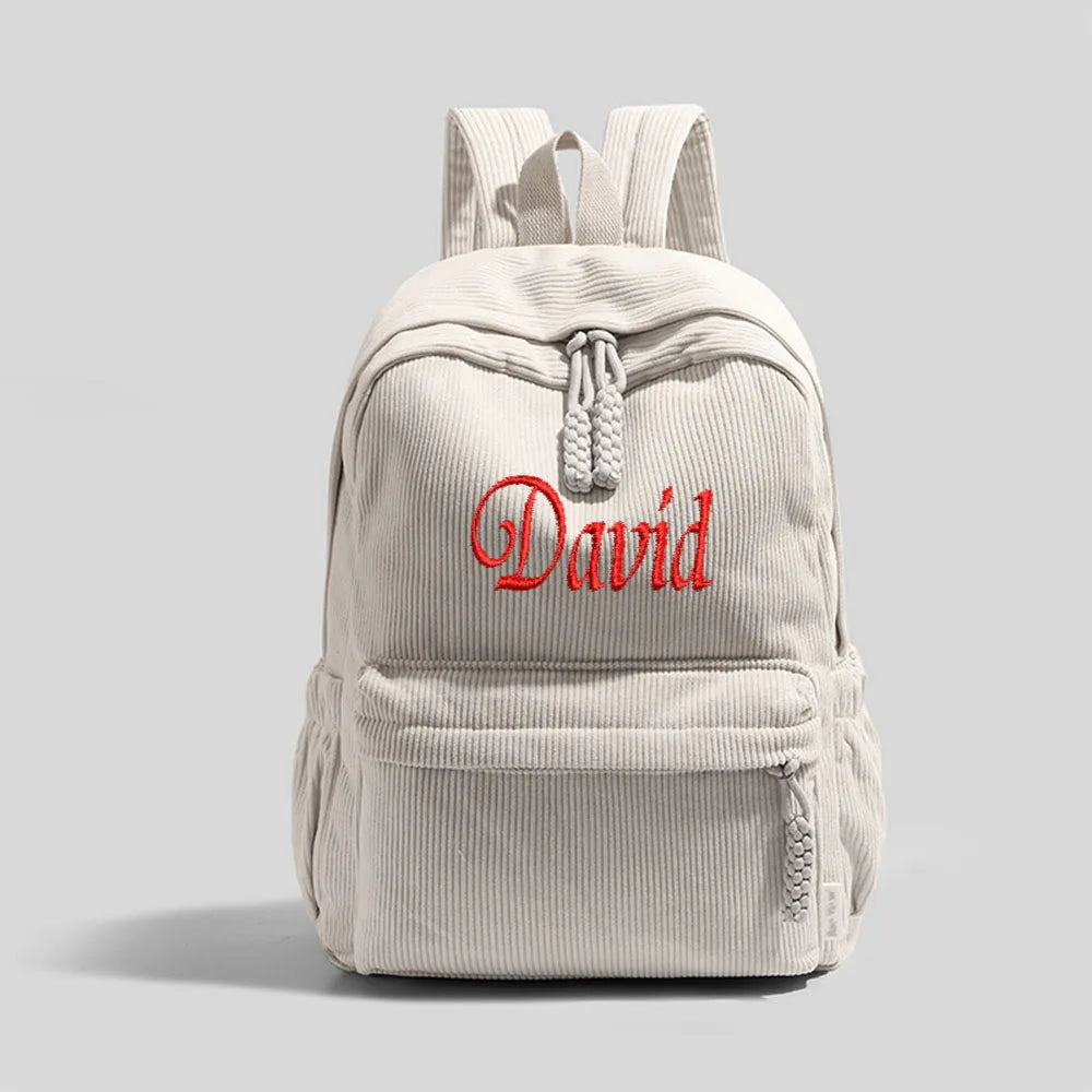 Personalized Corduroy Backpack – Custom Embroidered Name, Large Capacity