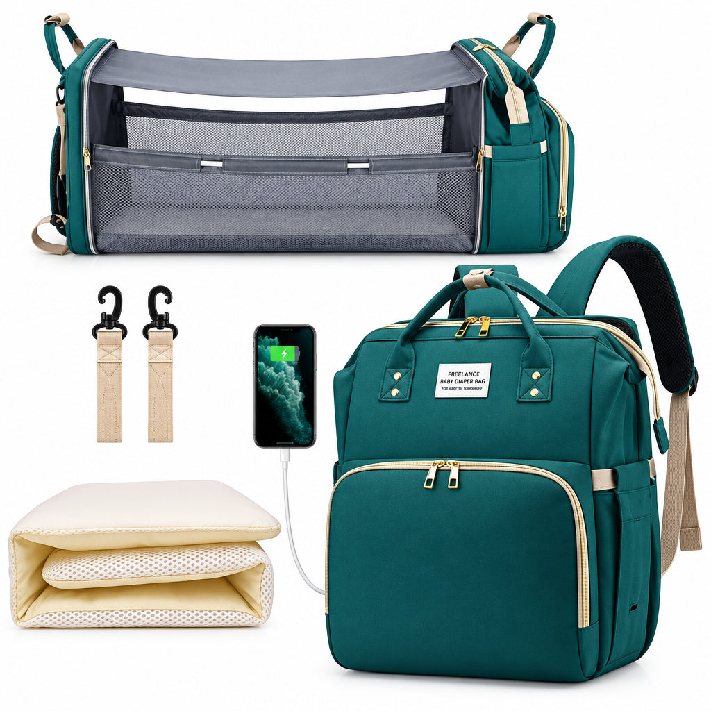 3-in-1 Baby Diaper Backpack – Foldable Changing Bed & USB
