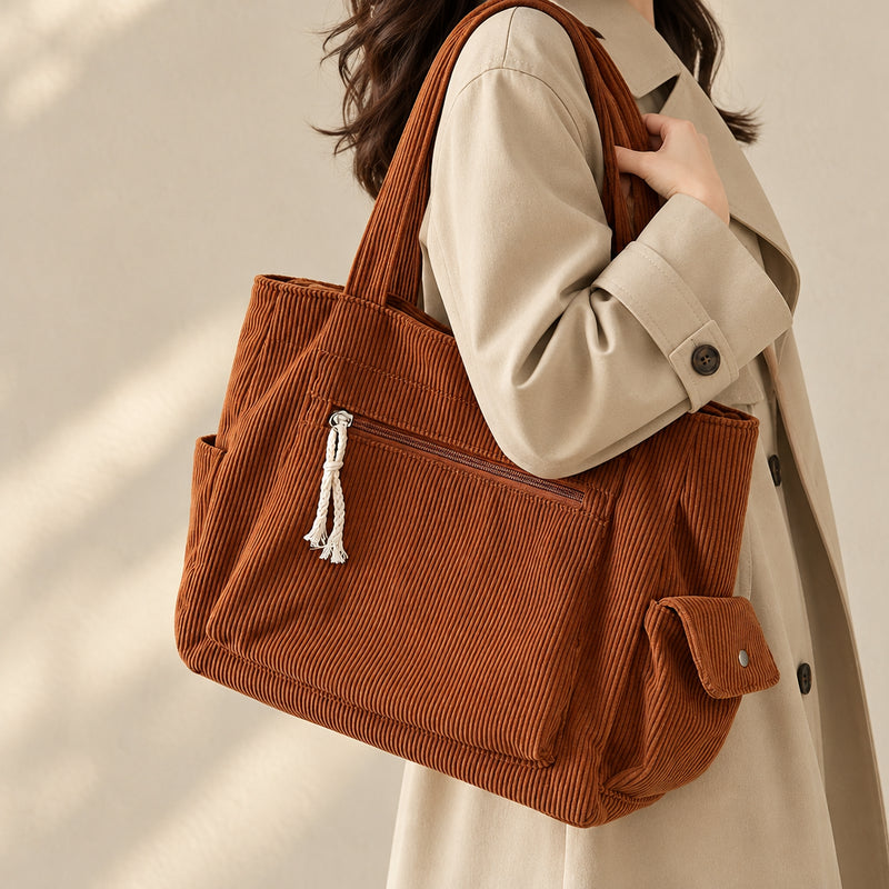 Retro Corduroy Tote Bag – Multi-Pocket Shoulder Bag