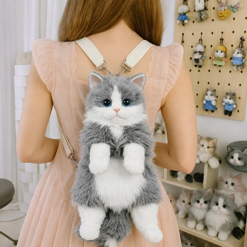 Kawaii Cat Plush Backpack – Cute 14” Kitty Bag for Girls