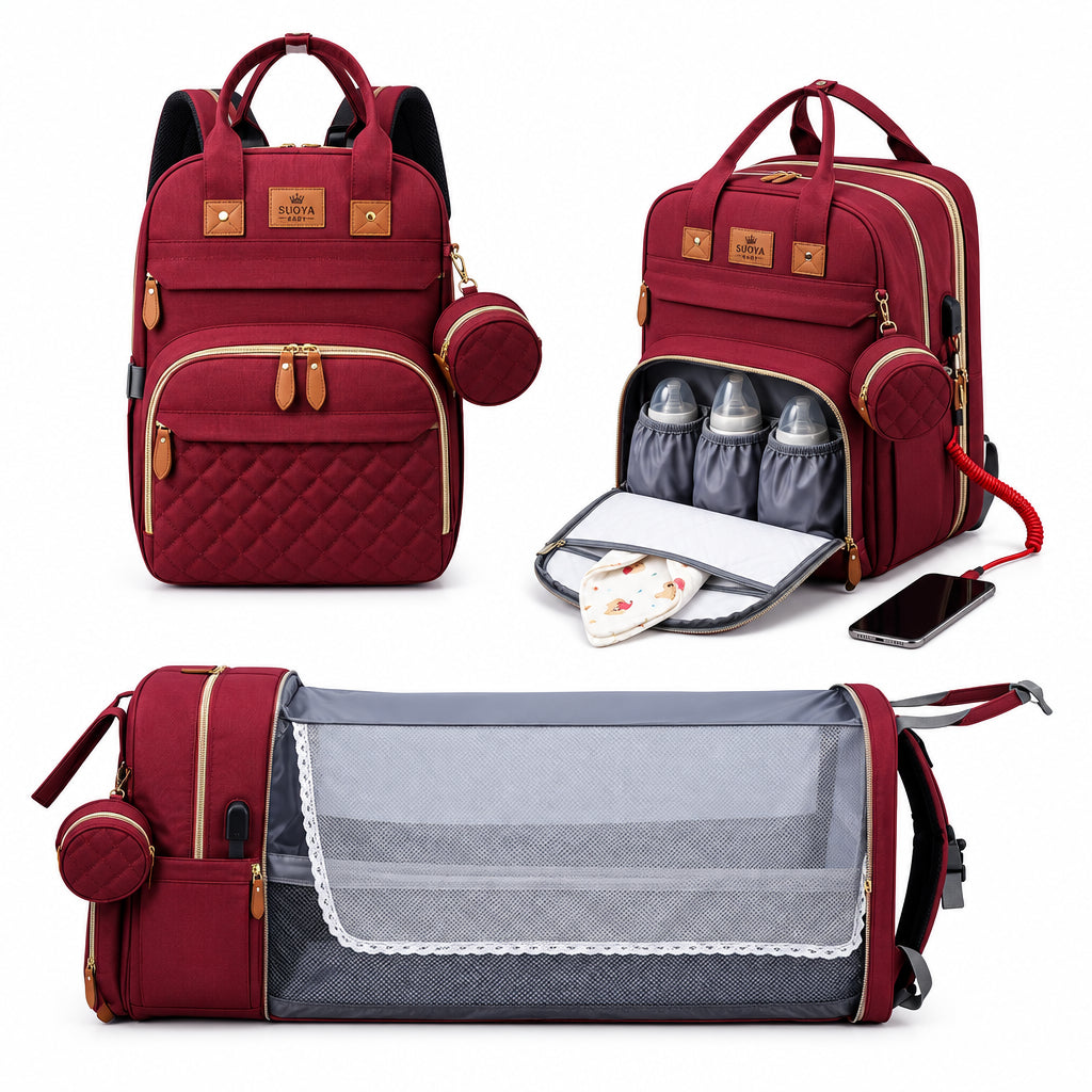 3-in-1 Baby Diaper Backpack – Foldable Changing Bed & USB