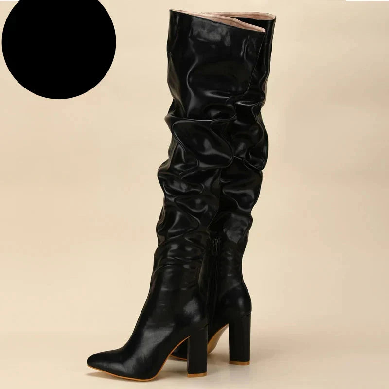 Women's Pleated Tall Boots with Chunky Heel and Zipper