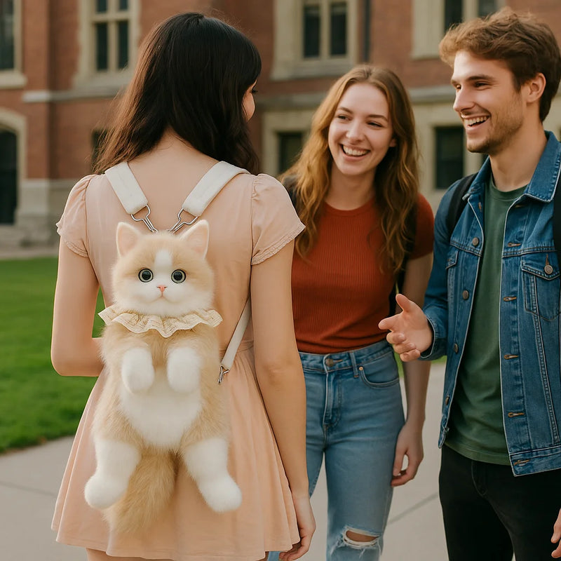 Kawaii Cat Plush Backpack – Cute 14” Kitty Bag for Girls