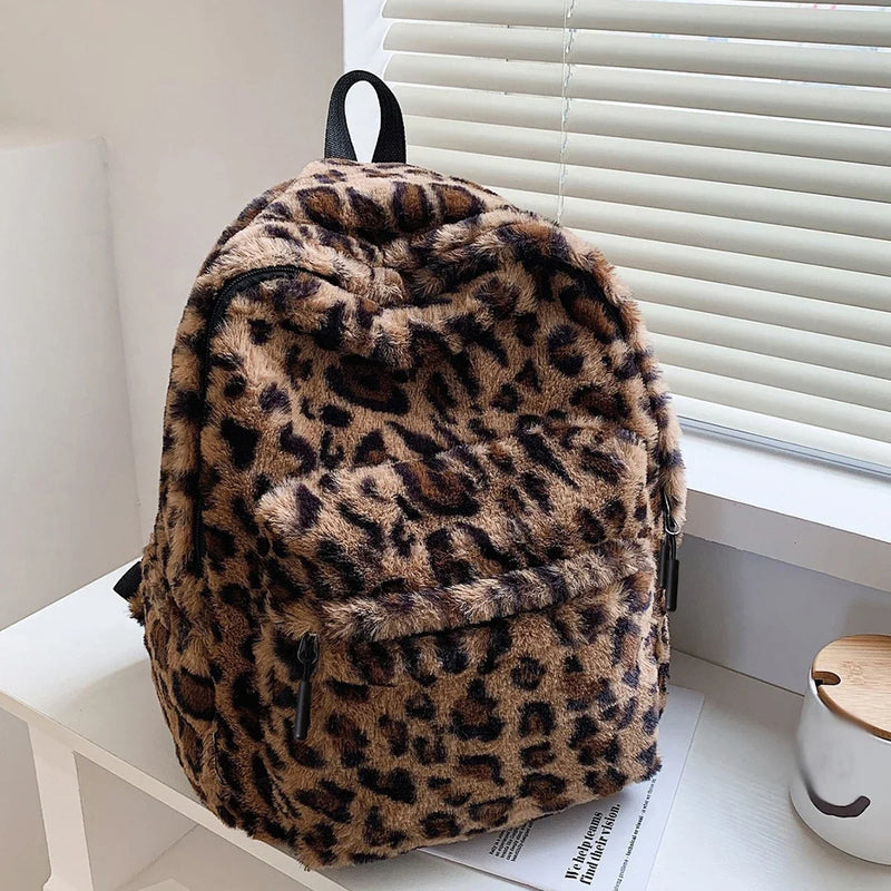 Luxury Leopard Plush Backpack – Large Capacity, Multi-Pocket & Chic