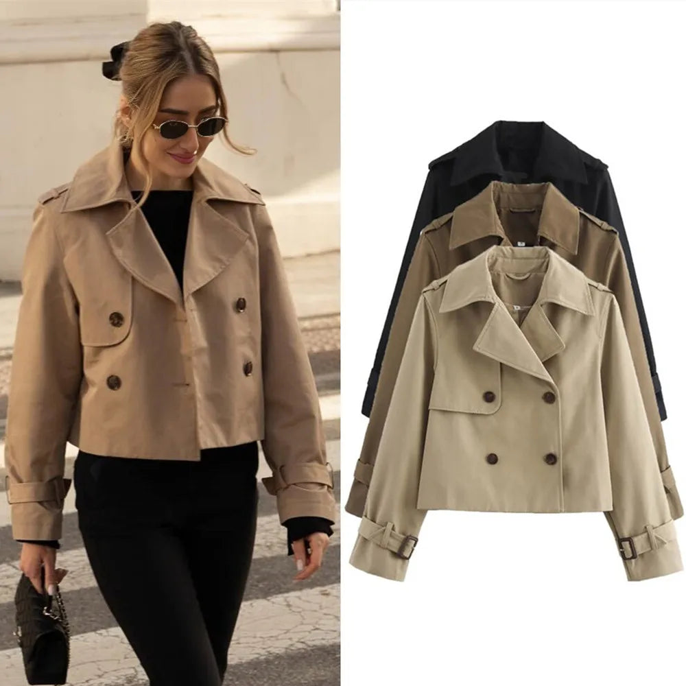 Women’s Cropped Trench Jacket – Vintage Double-Breasted Style