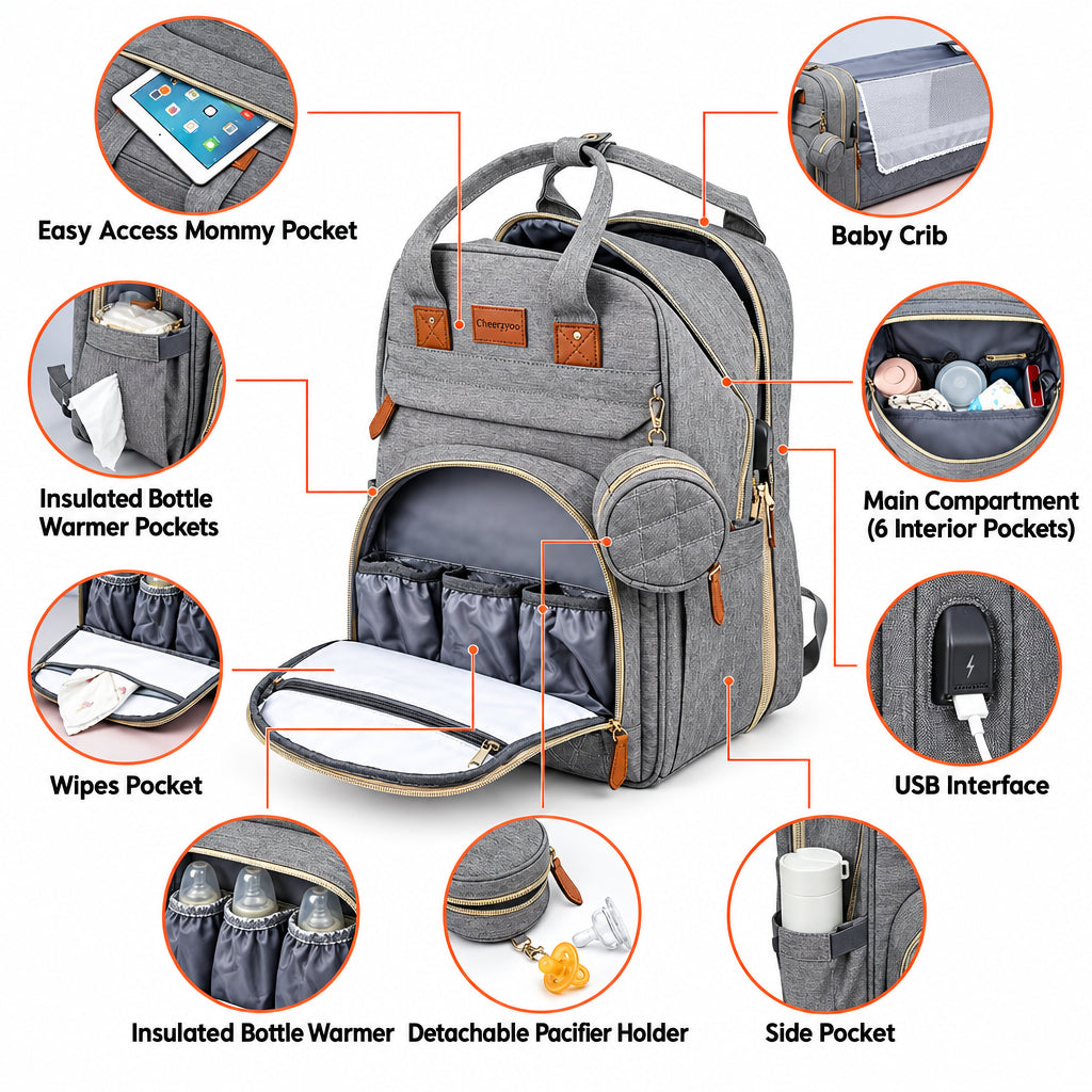 3-in-1 Baby Diaper Backpack – Foldable Changing Bed & USB
