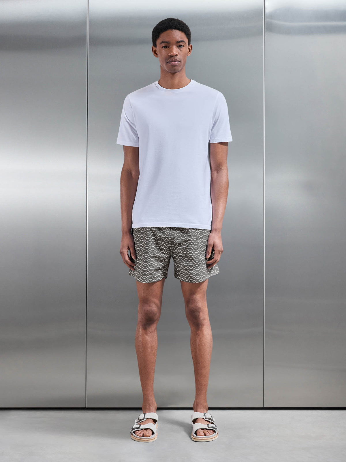 Wave Printed Drawstring Swim Short in Grey